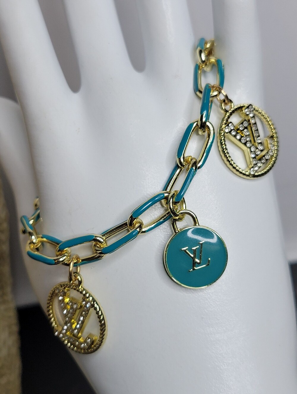 LV Zipper Pulls Repurposed Gold/Teal Bracelet 7"-8.5"